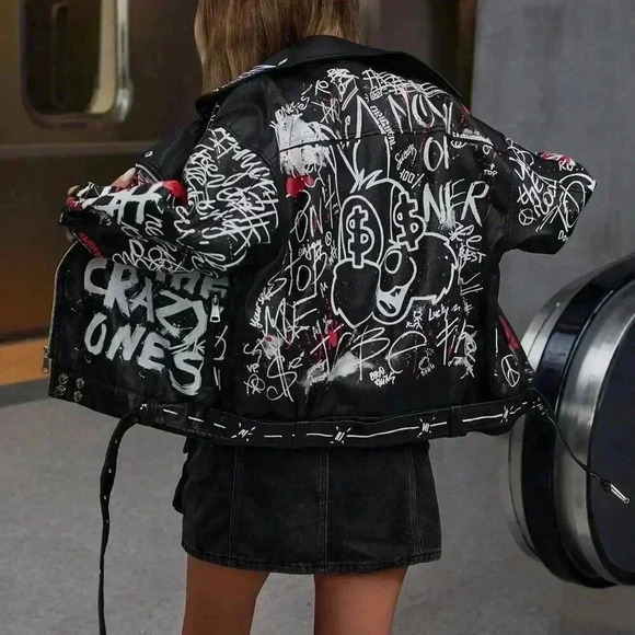 Black Casual Women's Trendy Colorful Graffiti Letter  Punk Style Leather Jacket - Picture 2 of 8